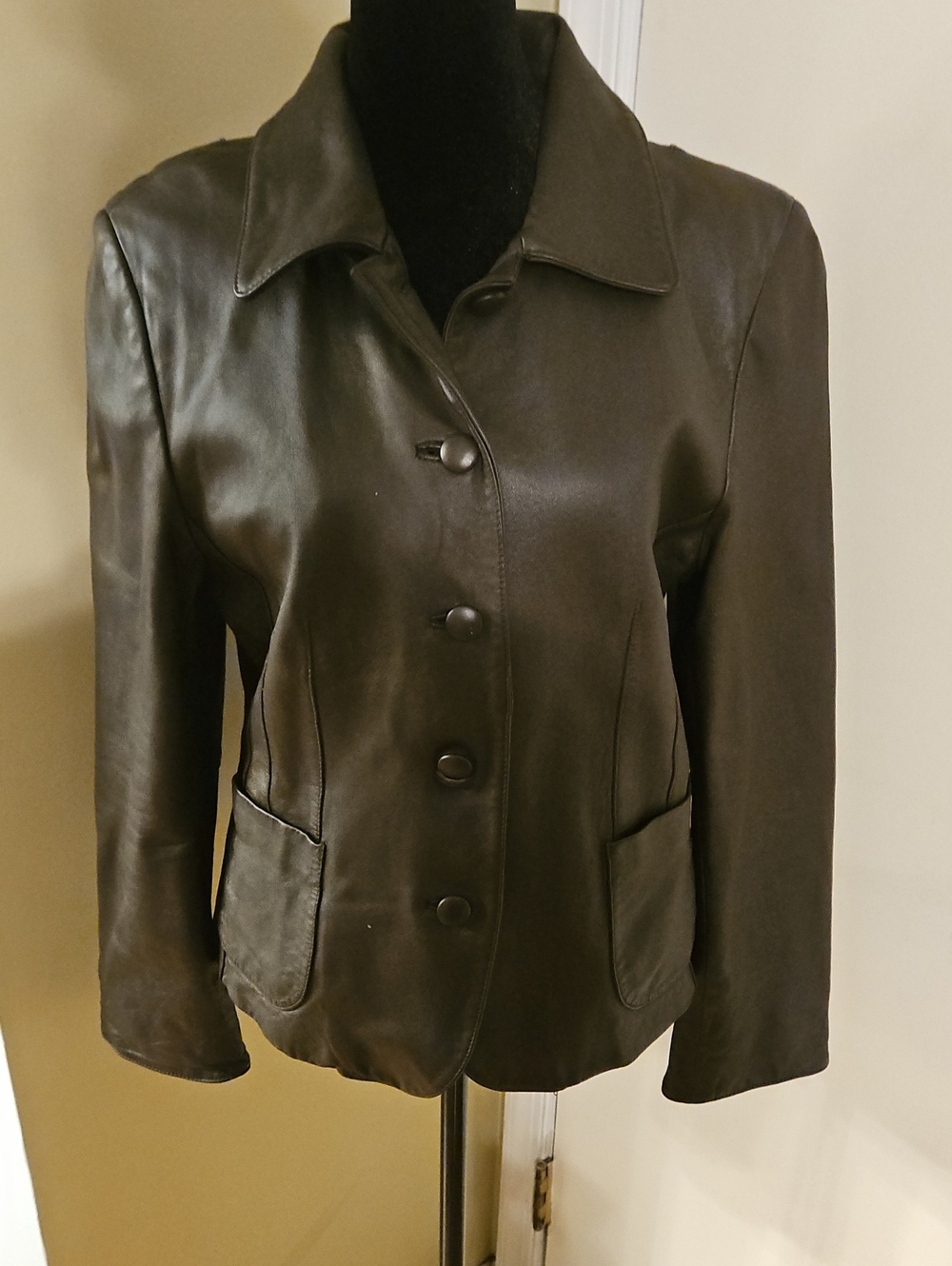 Kate Hill Vintage Brown 100% Genuine Leather Button Blazer Jacket 10